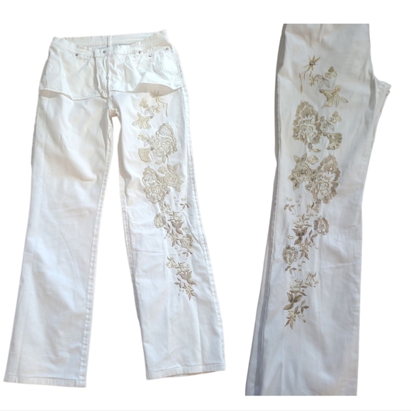 Very Vera Gold Floral Embroidery White Straight Leg Jeans - Picture 7 of 10